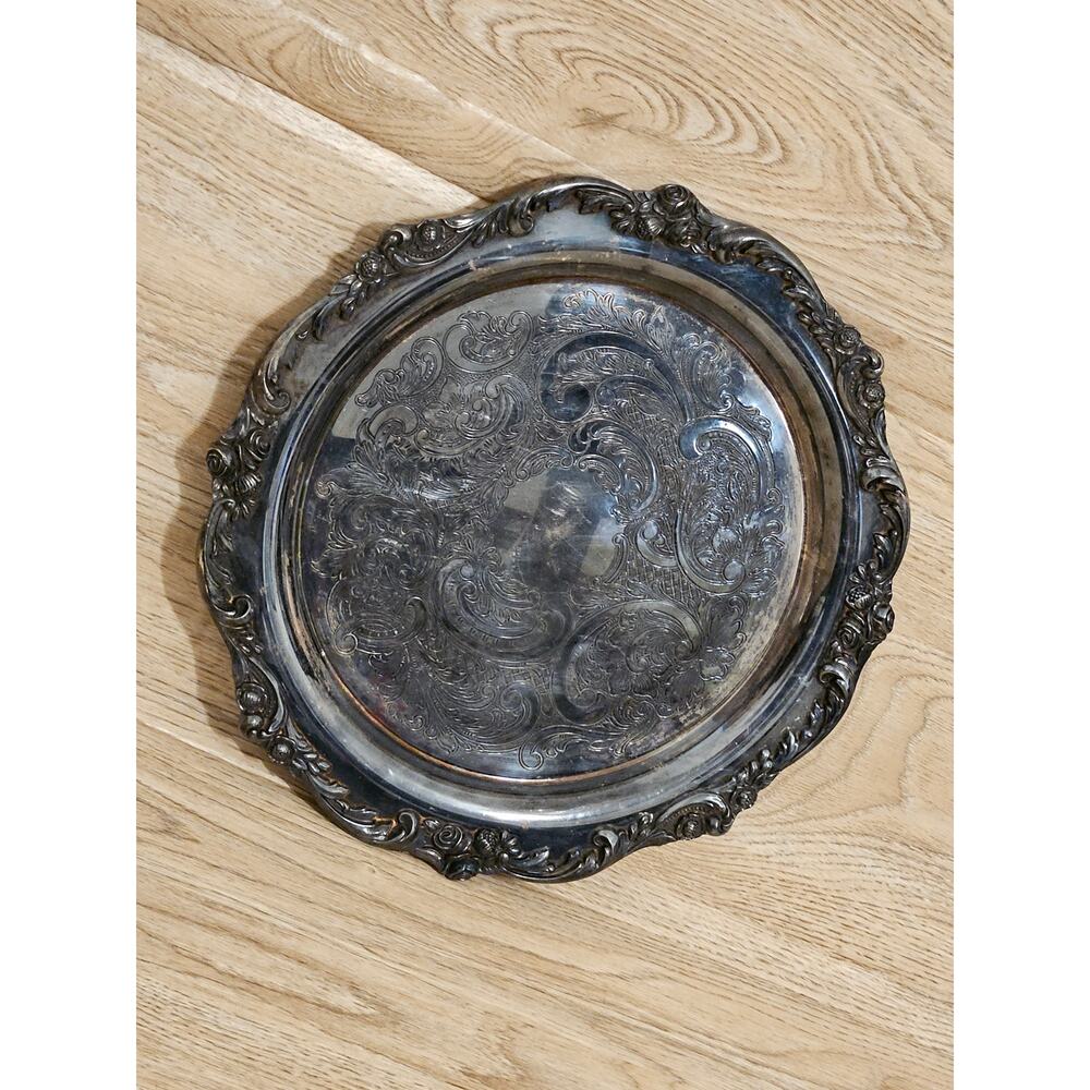 Antique Vintage Lunt Silversmiths Round Ornate Silverplate Platter Tray 12"